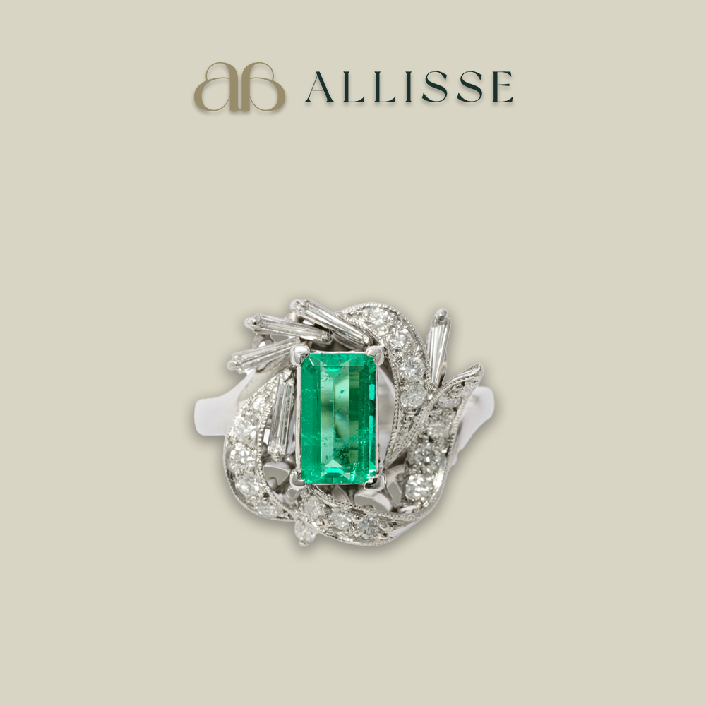 Vintage platinum, emerald and diamond ring