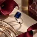 Synthetic Sapphire with Diamond Halo Ring